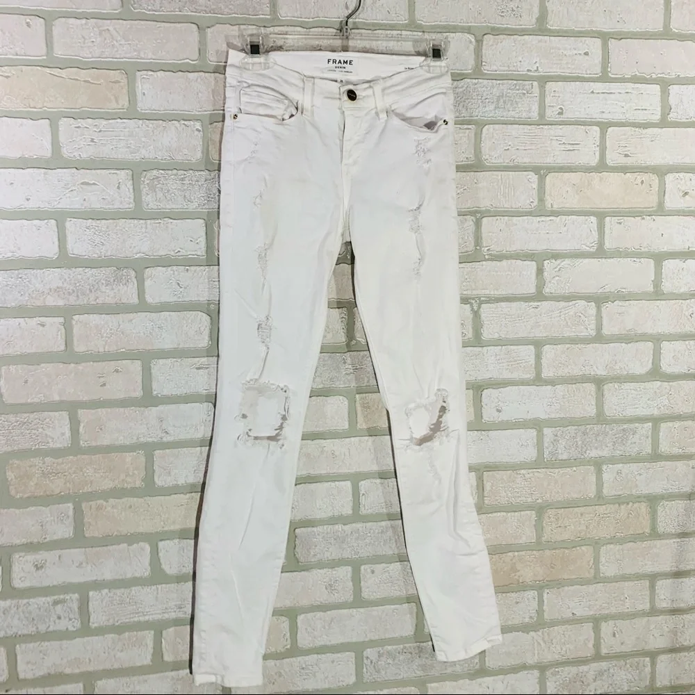 Frame Le Skinny de Jeanne Jeans in Blanc Distressed Size 26